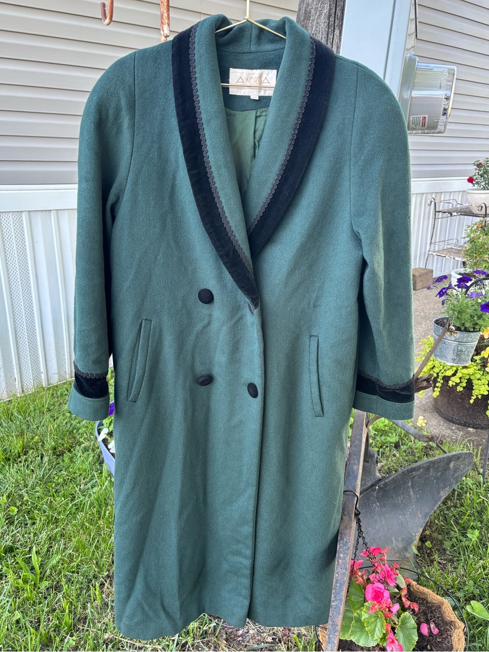 Andrea Green Wool Shawl Collar Coat with Black Velvet Trim